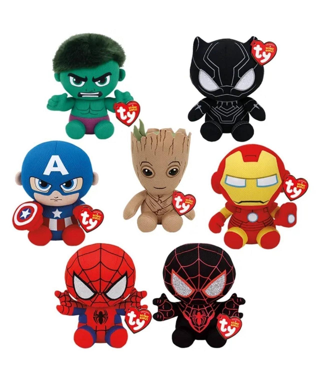 Ty Marvel Beanie Babies Bundle all 7 Spider Man Iron Man Captain America Hulk