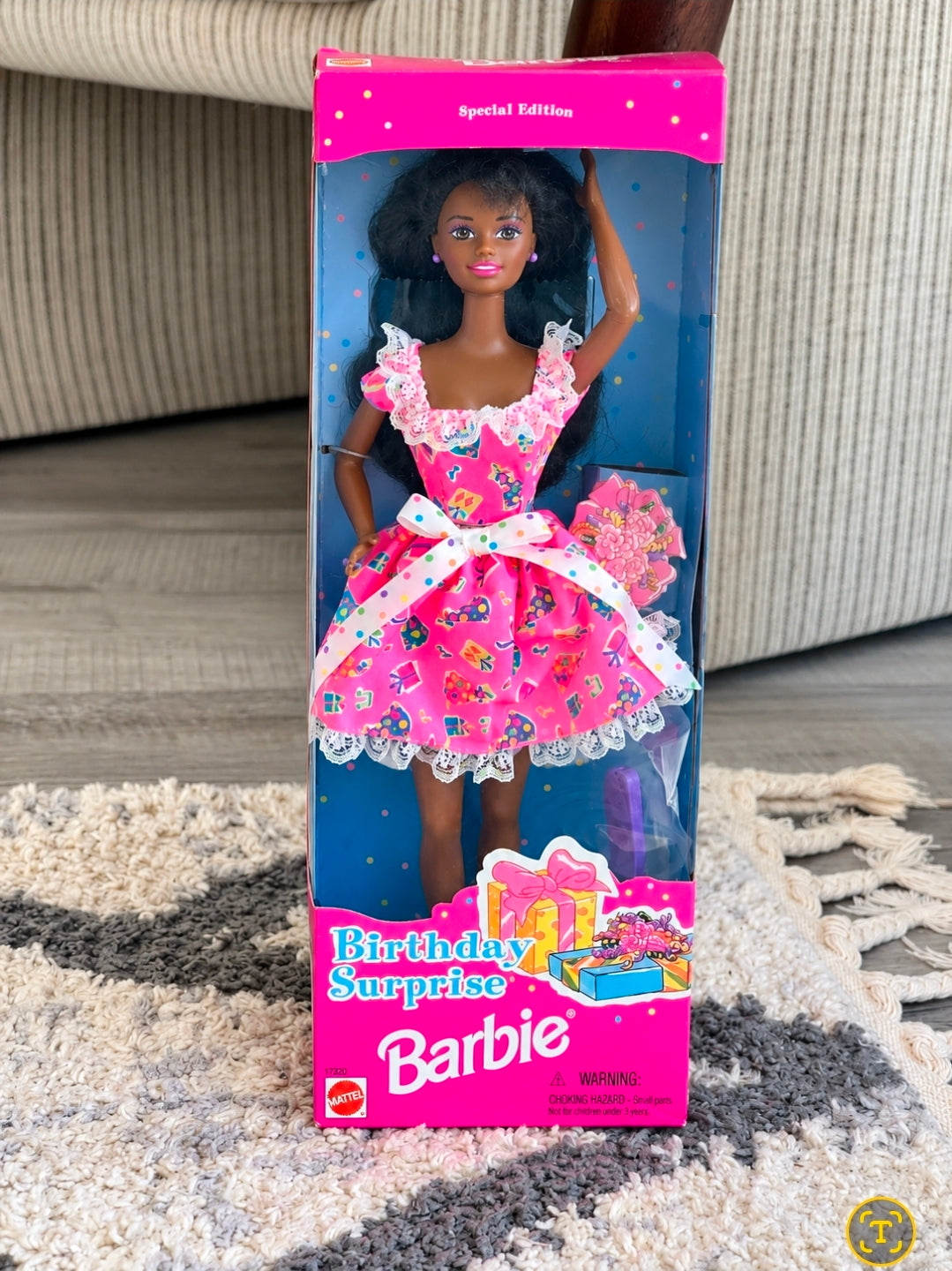 Vintage 1996 Special Edition Birthday Surprise Barbie doll (African American version, Mattel #17320