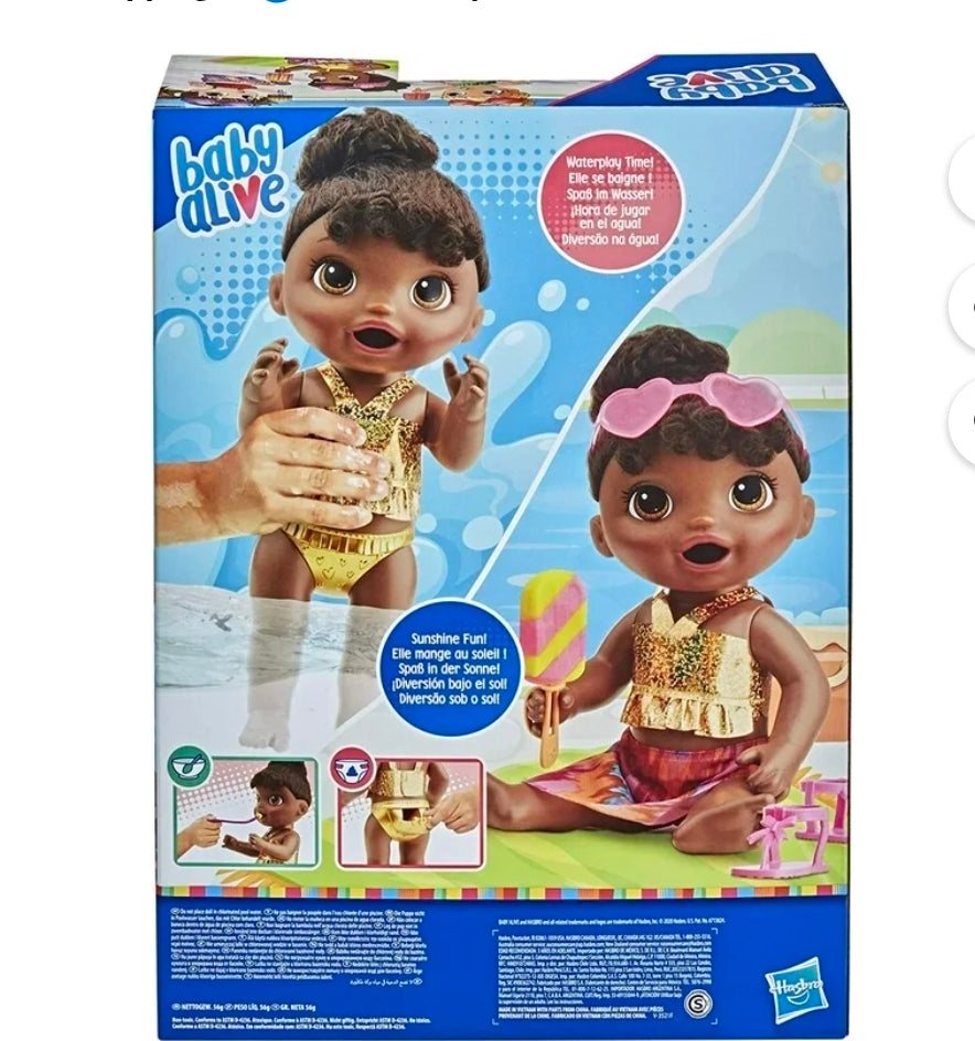 Baby Alive Sunshine Snacks Waterplay Doll Eats & Poops, Black Hair