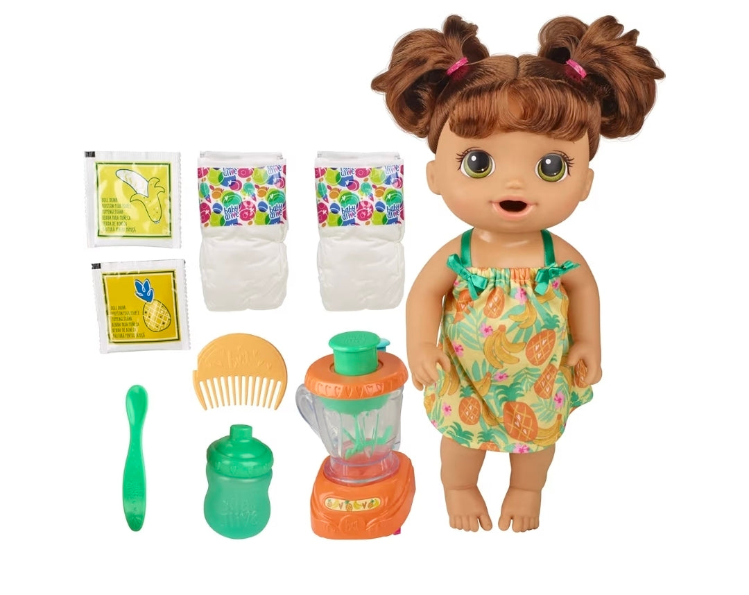 Baby Alive Magical Mixer Baby Doll Tropical Treat with Blender Accessories, Drinks, Wets, Eats, Brown Hair Toy for Kids Ages 3 and Up