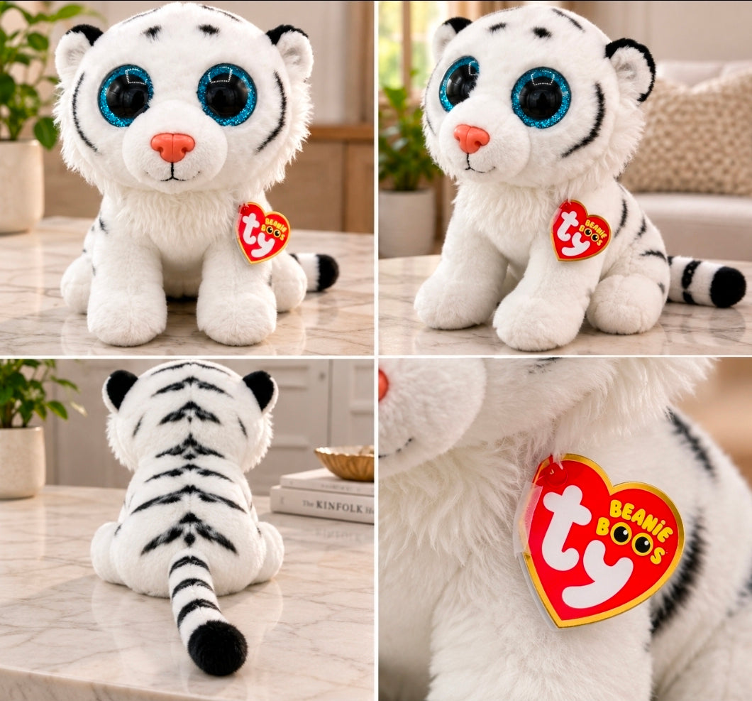 Ty Beanie Boos TUNDRA Large 16" White Tiger Plush - Blue Glitter Eyes - Retired