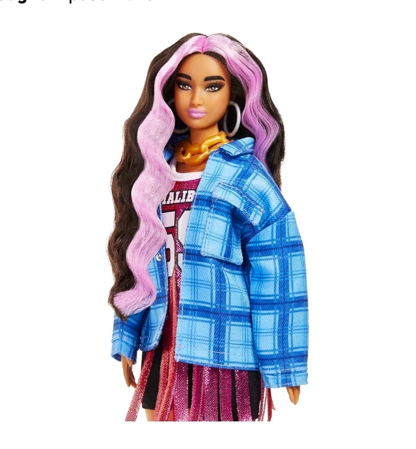 Barbie Extra Doll and Accessories with Pink-Streaked Crimped Hair in Jersey Dress with Pet Corgi