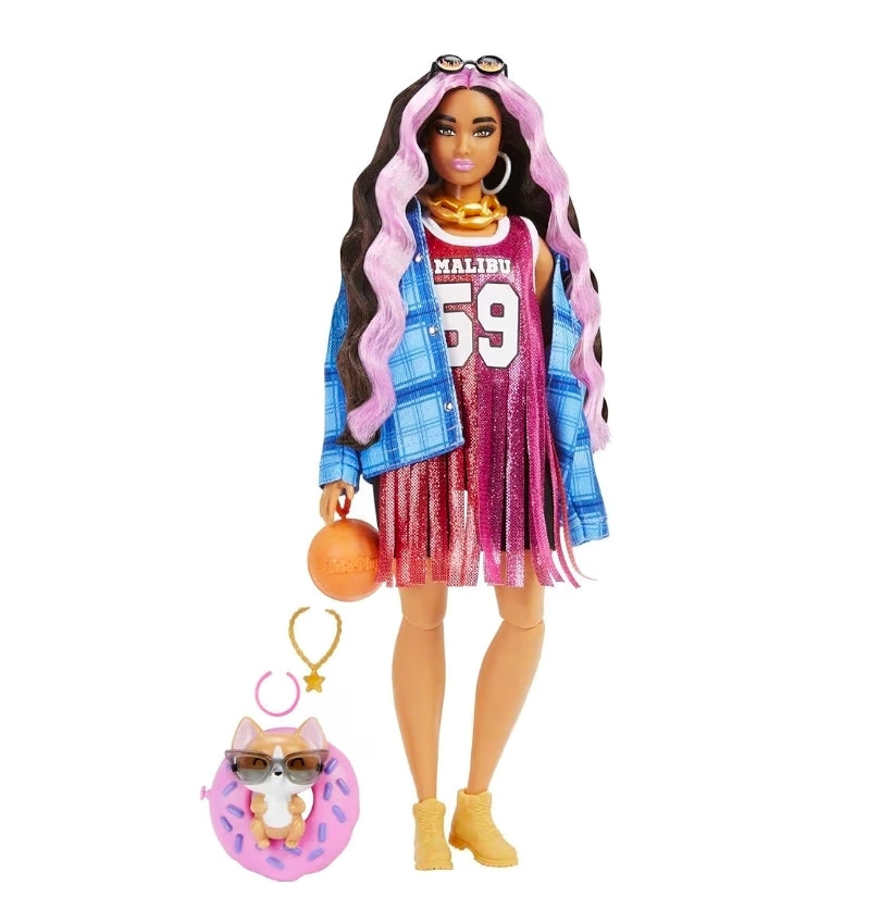 Barbie Extra Doll and Accessories with Pink-Streaked Crimped Hair in Jersey Dress with Pet Corgi