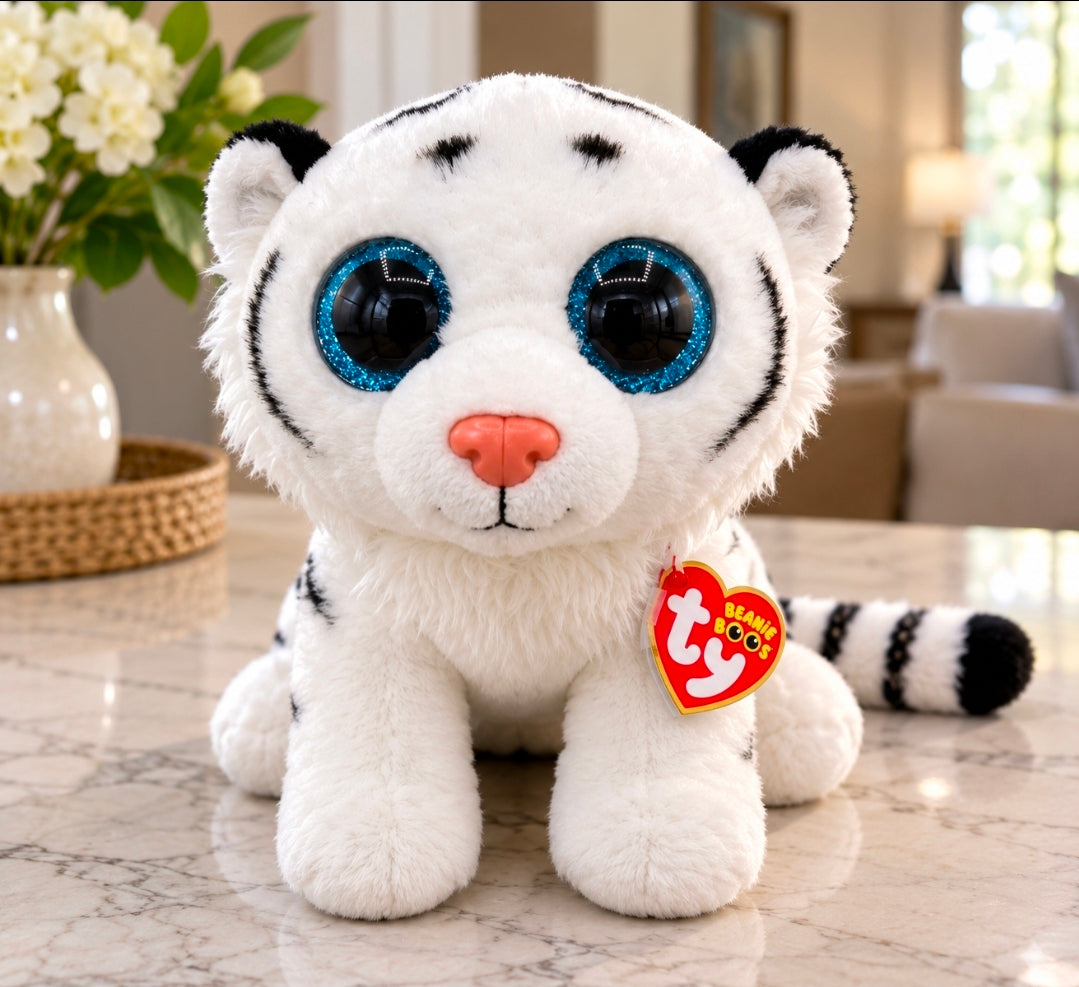 Ty Beanie Boos TUNDRA Large 16" White Tiger Plush - Blue Glitter Eyes - Retired