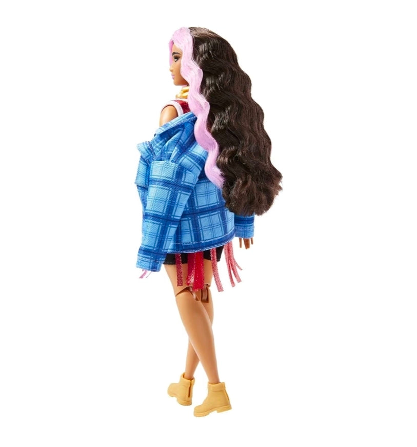 Barbie Extra Doll and Accessories with Pink-Streaked Crimped Hair in Jersey Dress with Pet Corgi