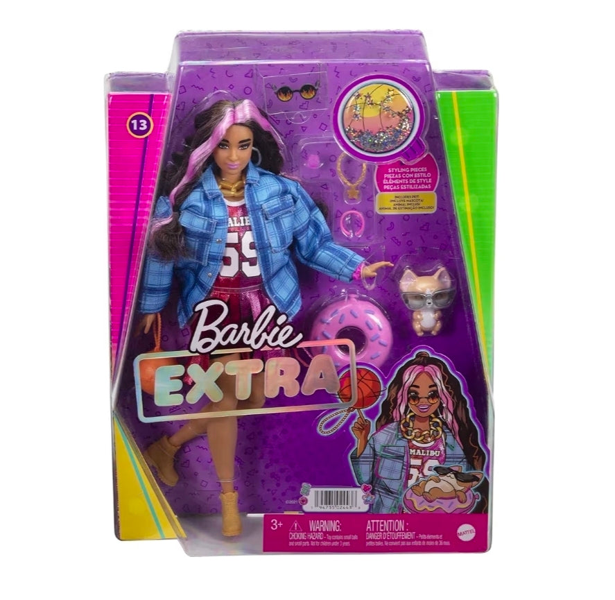 Barbie Extra Doll and Accessories with Pink-Streaked Crimped Hair in Jersey Dress with Pet Corgi